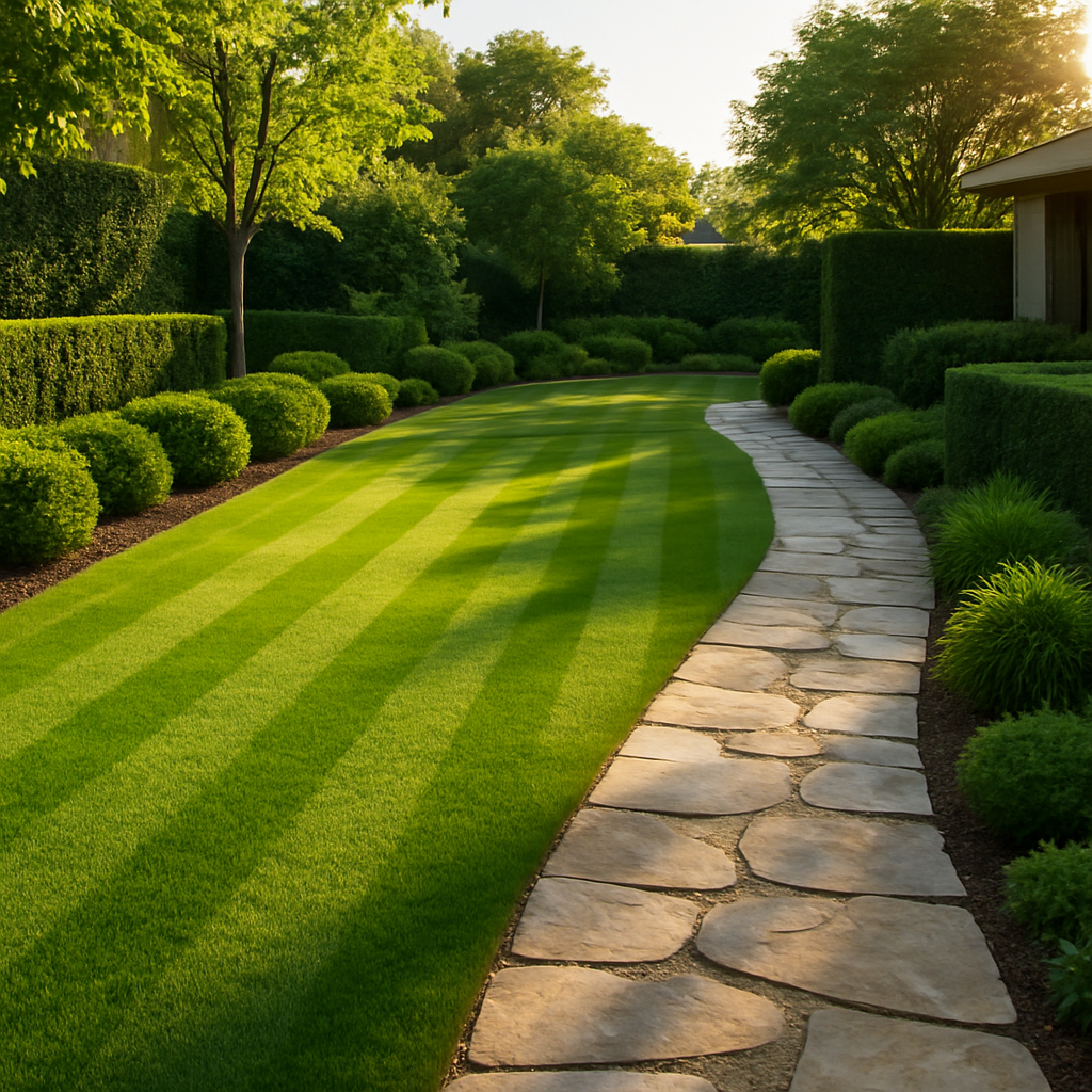 Modern angelegter Garten mit Rasen und Natursteinweg