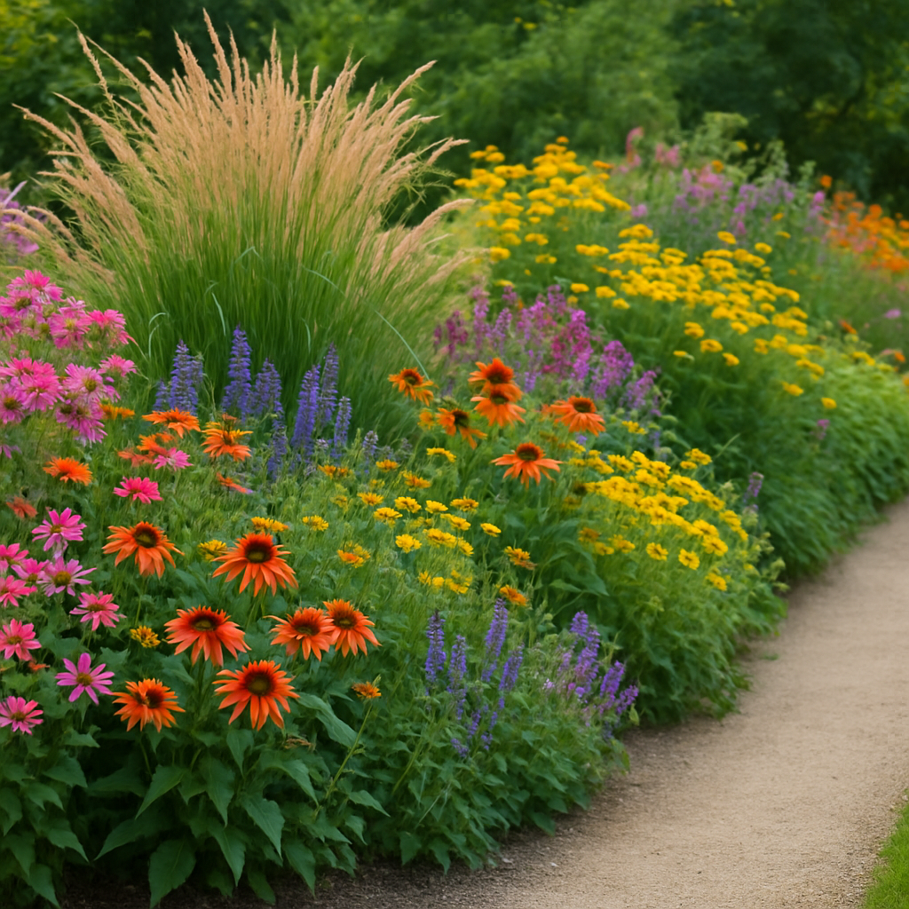 Bunte Staudenbeete entlang eines Gartenwegs
