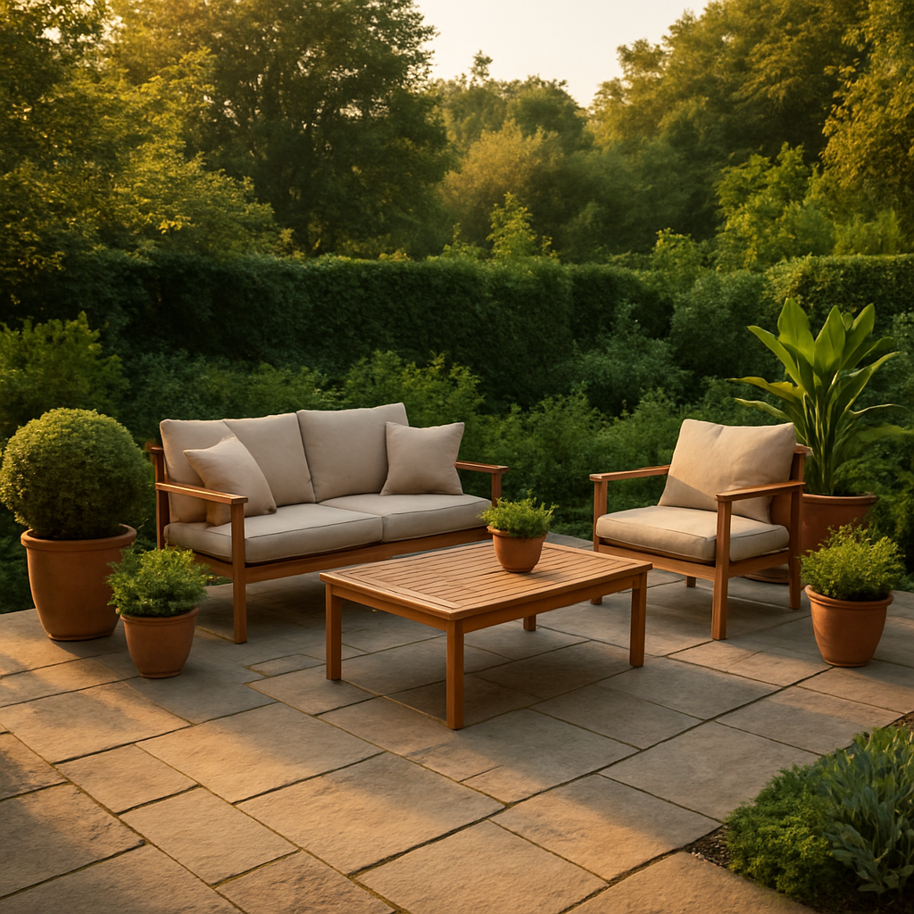 Gartenterrasse mit Natursteinpflaster und Lounge-Möbeln