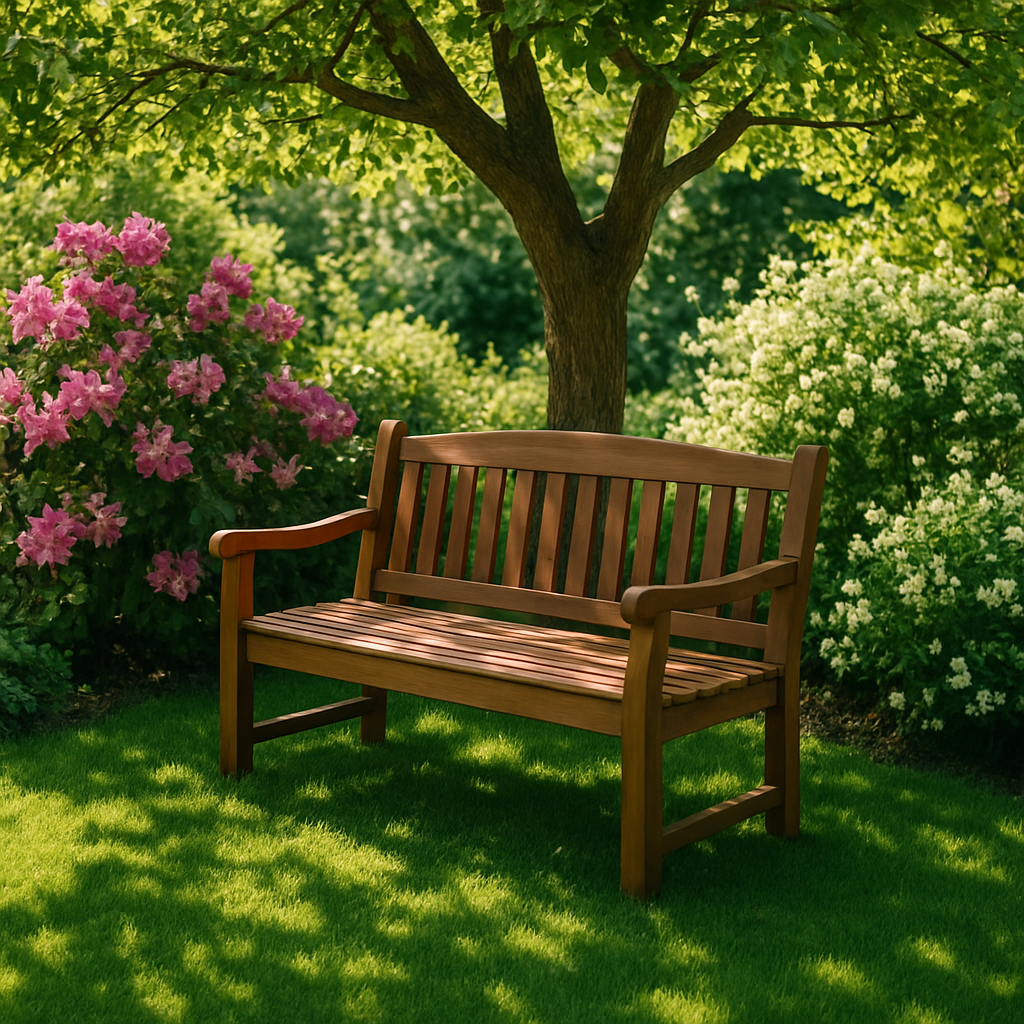 Gemütlicher Sitzplatz mit Holzbank unter einem Baum